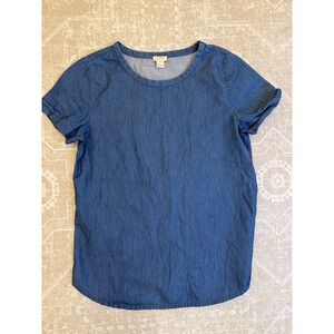 J Crew Chambray Denim Tunic Shirt Top Short Sleeve Blue Womens XS